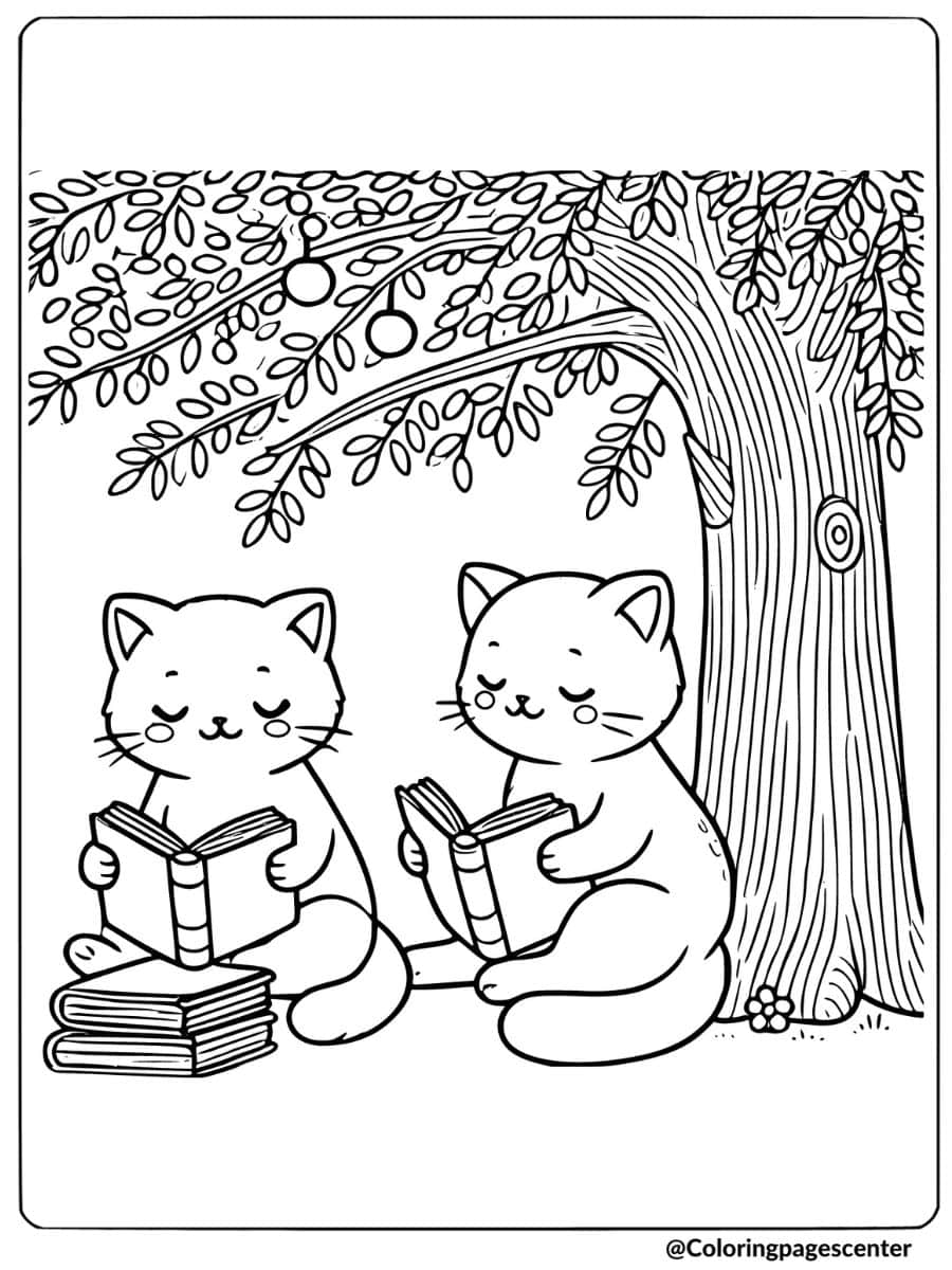 Cats reading books under a tree coloring page