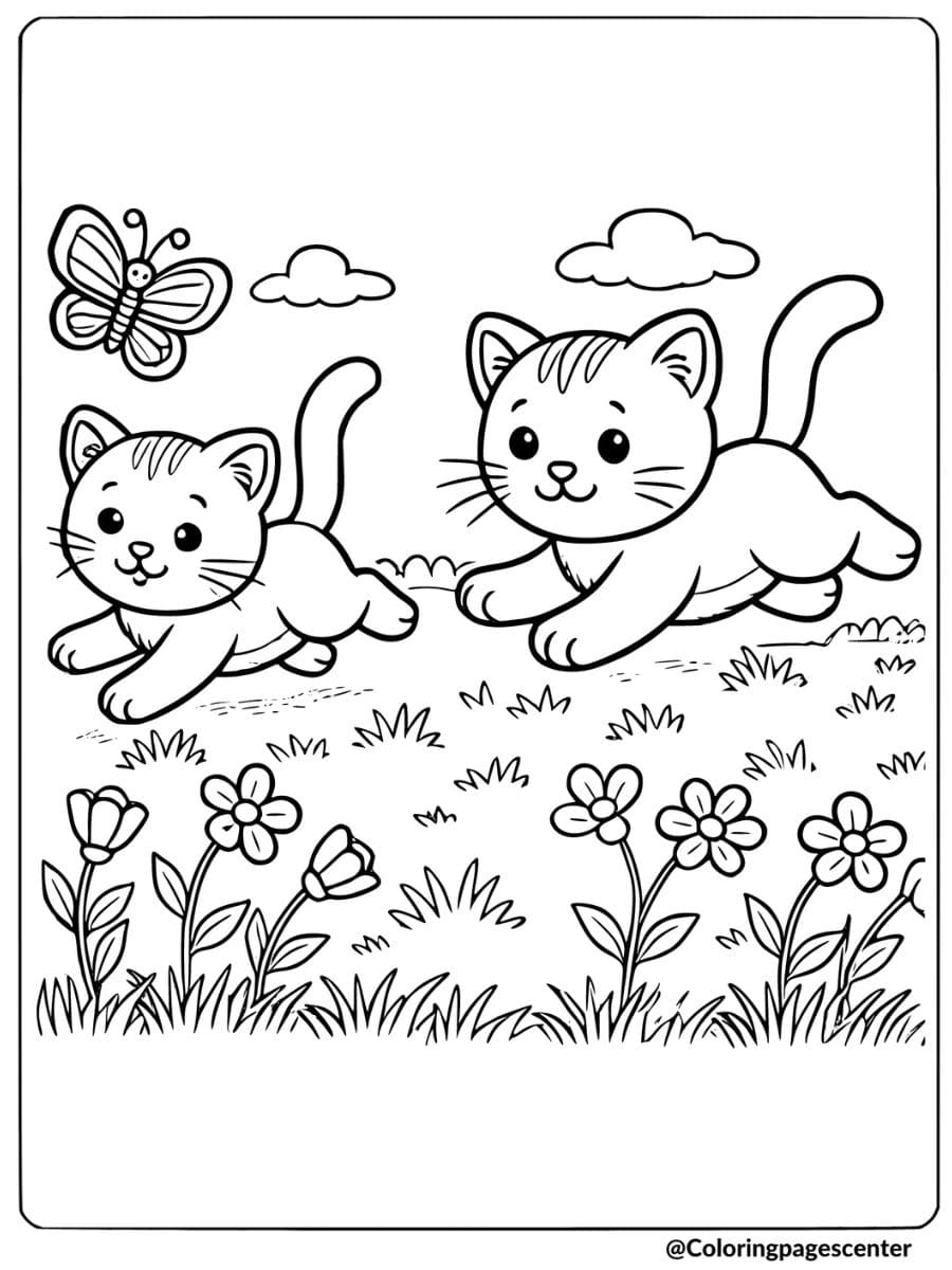 Cats running in a flower field coloring page