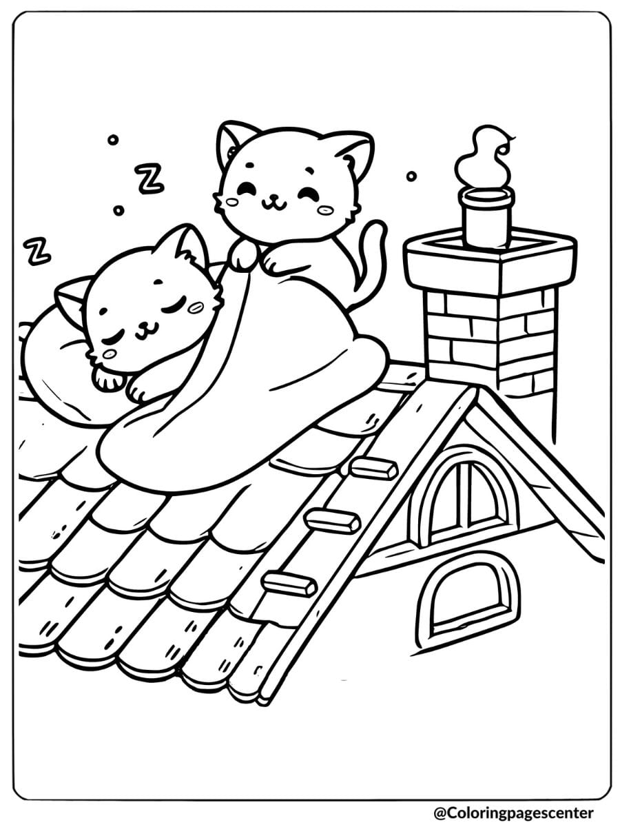 Cats sleeping on a roof coloring page