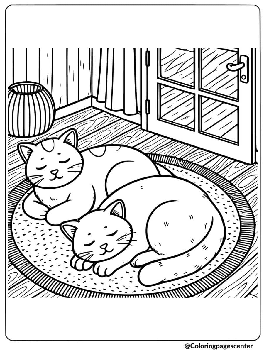 Cats sleeping on a round rug coloring page