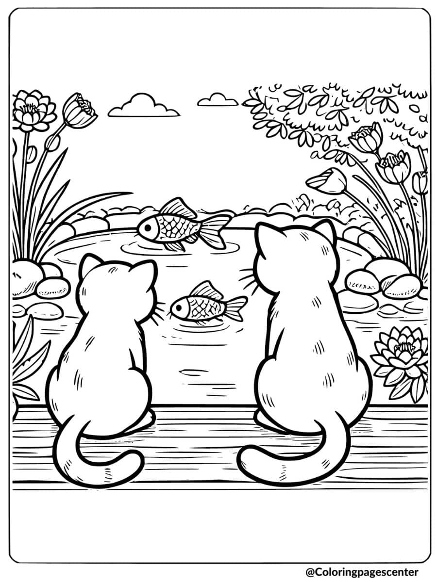 Cats watching fish in a pond coloring page