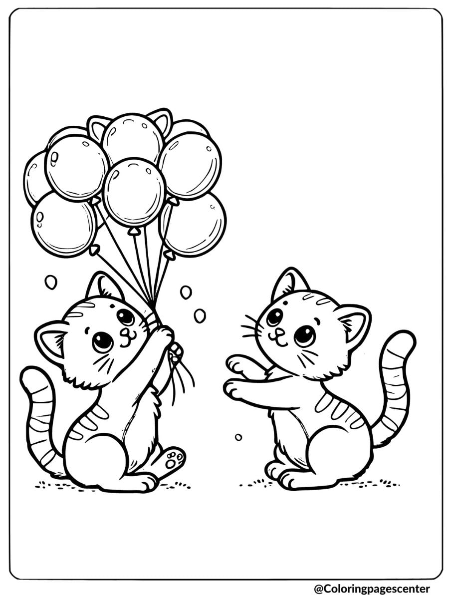 Cats playing with balloons coloring page