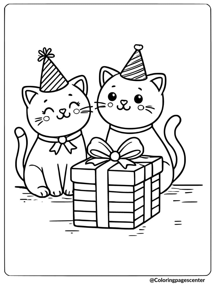 Cats with party hats and a gift coloring page