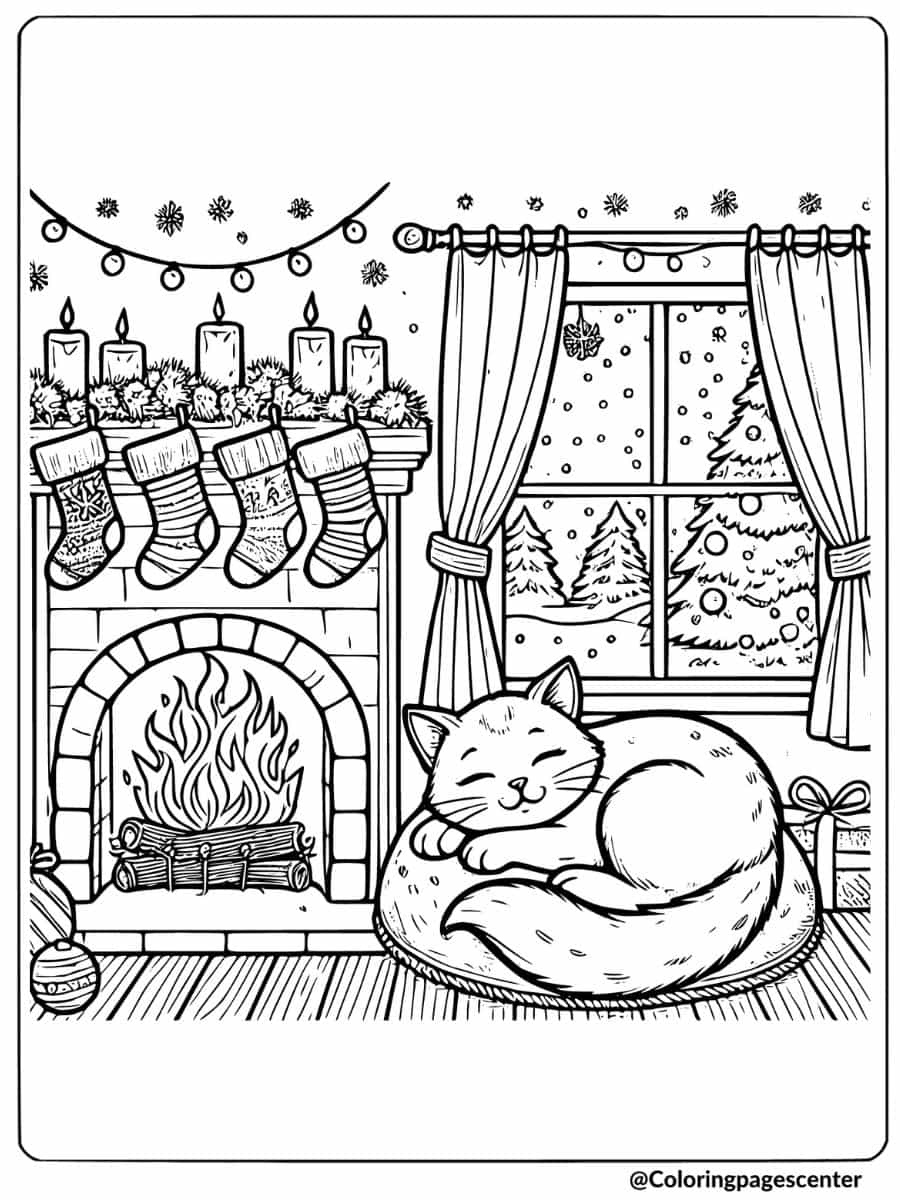 Cat sleeping by the fireplace coloring page