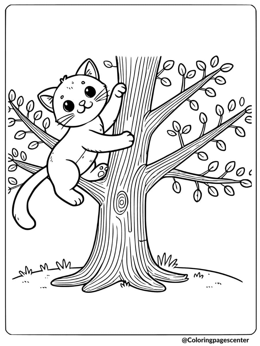 Cat climbing a tree coloring page