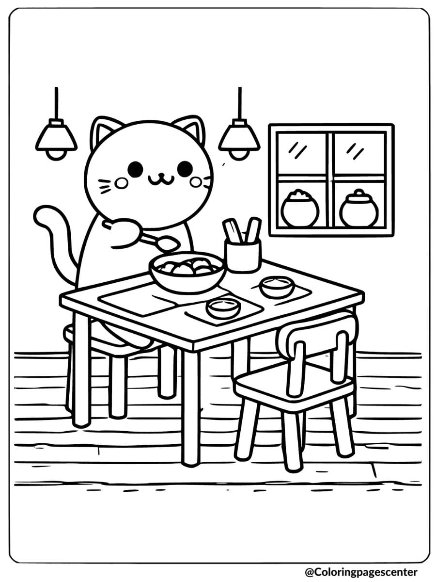 Cat having a meal at the table coloring page