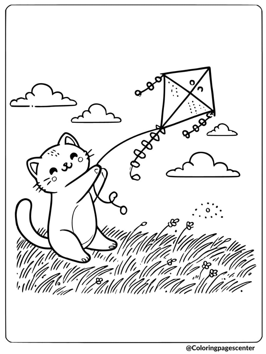 Cat flying a kite in the field coloring page