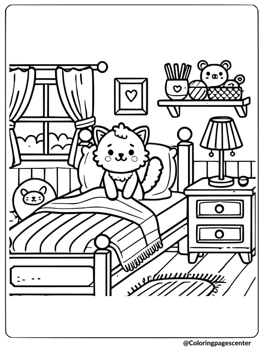 Cat sitting on bed in cozy bedroom coloring page