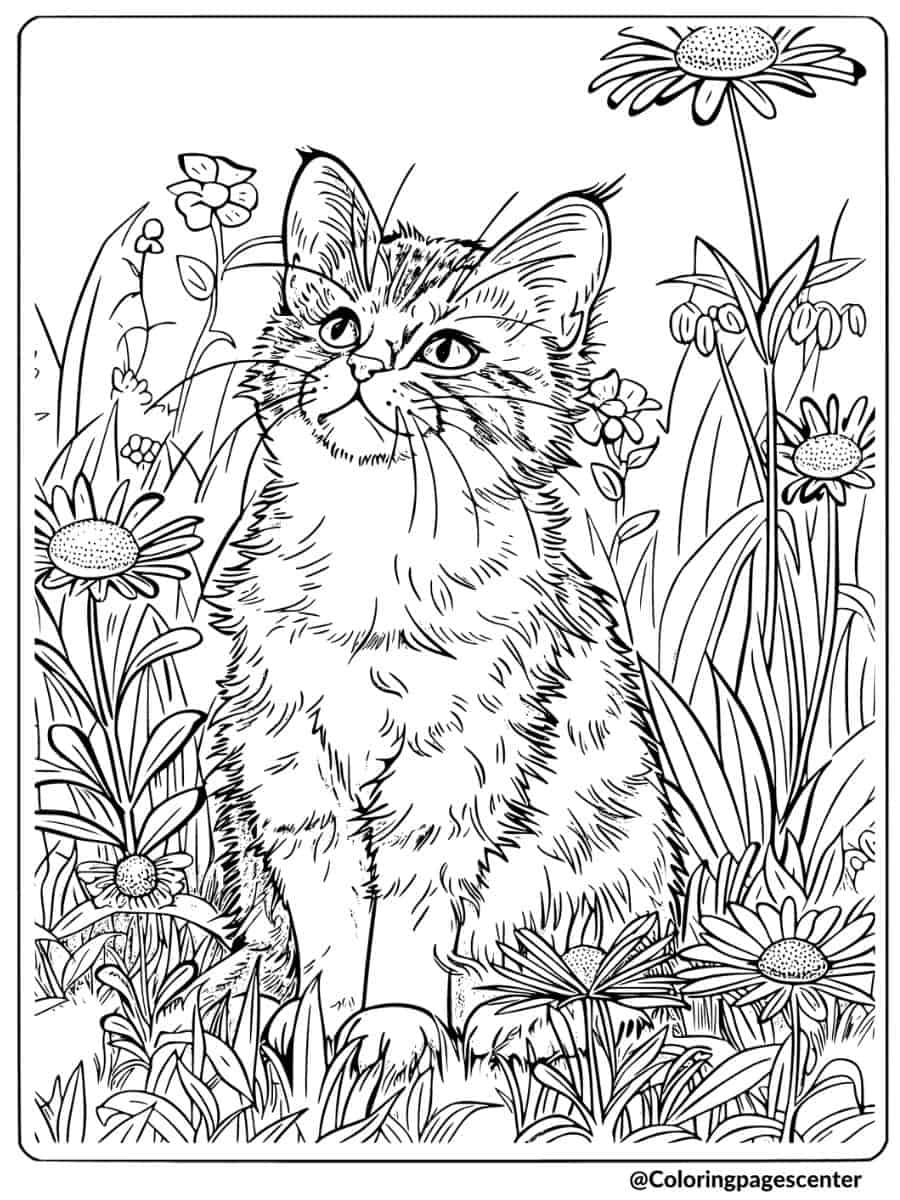 Cat sitting among flowers in garden coloring page