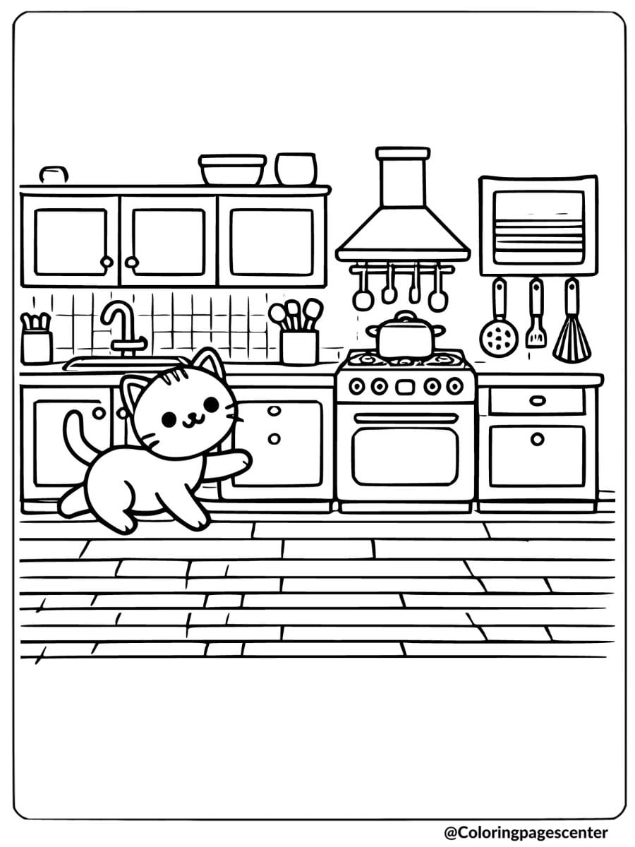 Cat exploring the kitchen coloring page