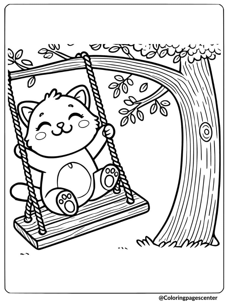 Cat happily swinging on a swing coloring page