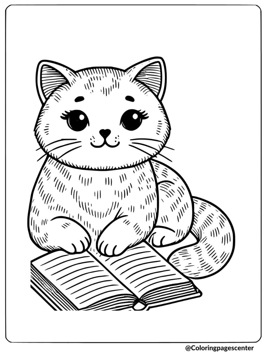 Cat reading a book coloring page