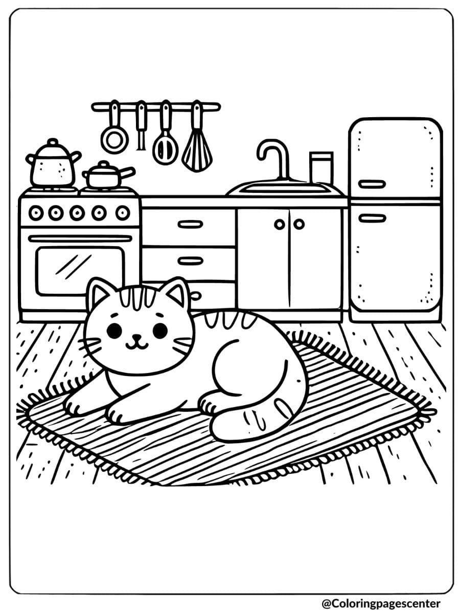 Cat relaxing on a rug in the kitchen coloring page