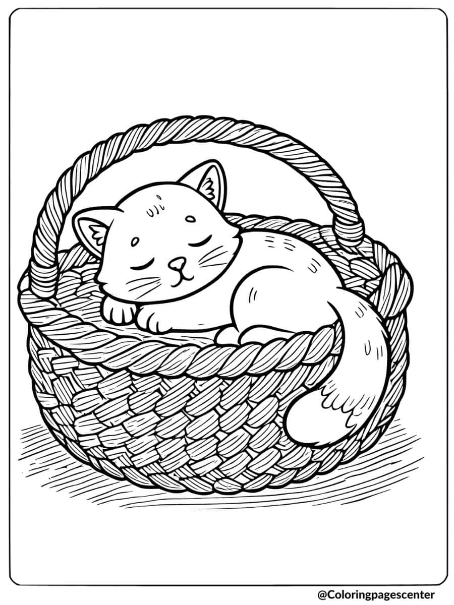 Cat sleeping in a basket coloring page