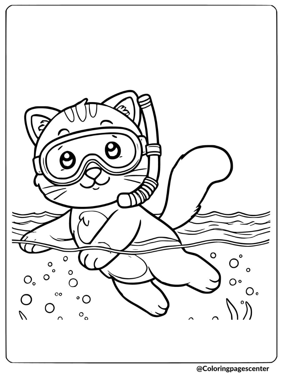 Cat snorkeling underwater coloring page