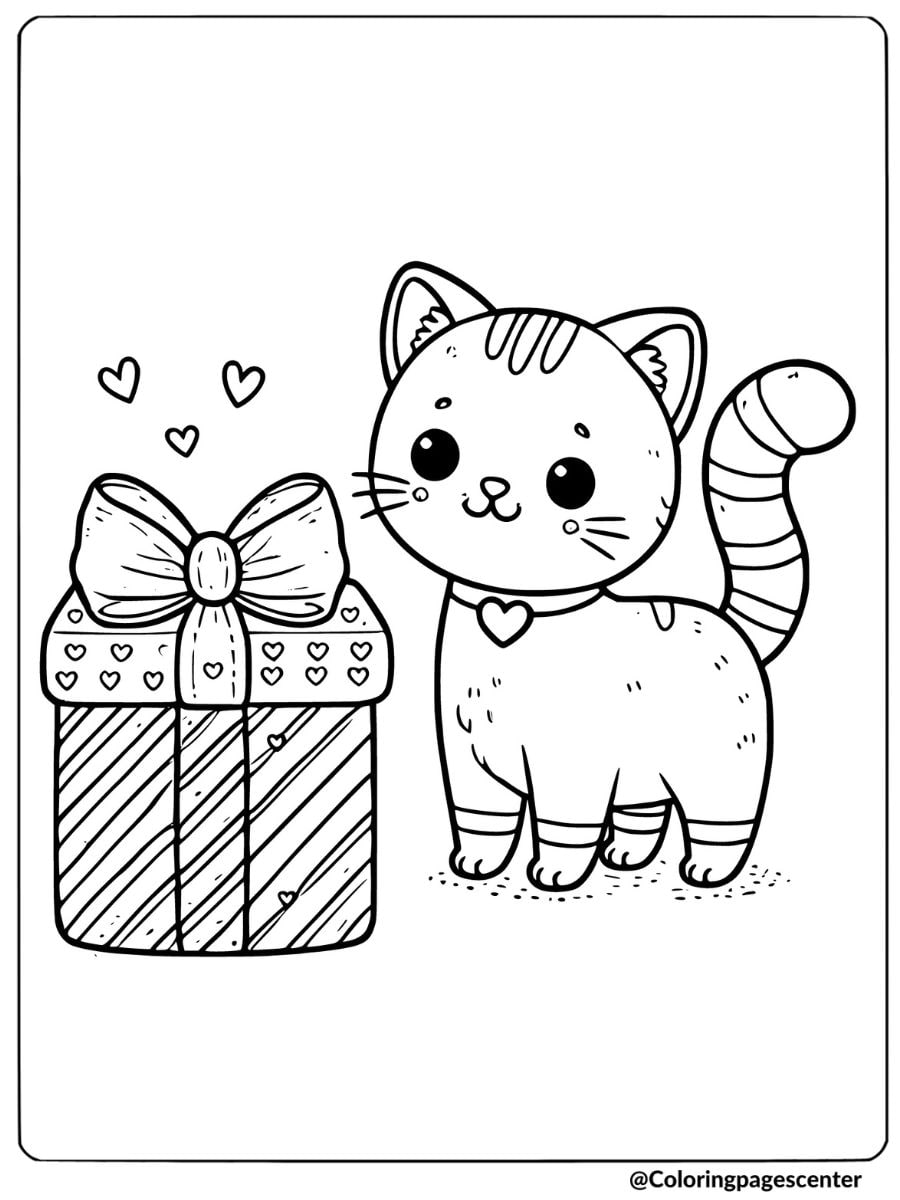 Cat standing next to gift box coloring page