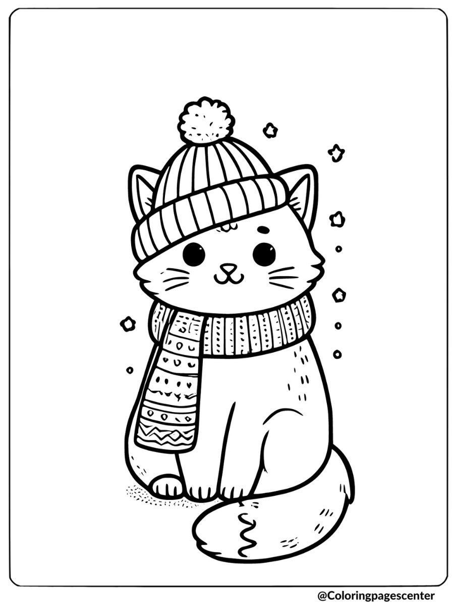 Cat wearing hat and scarf coloring page