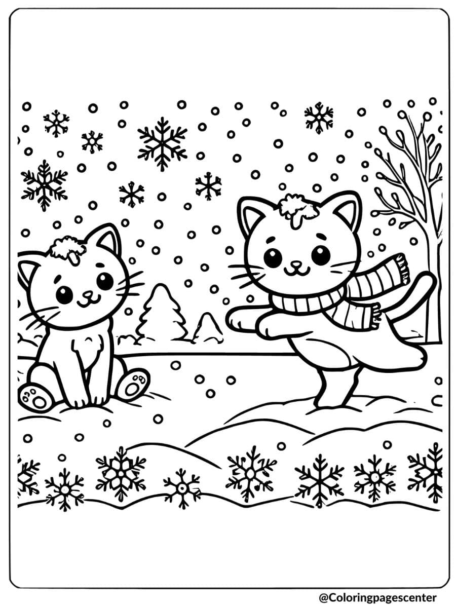 Cute cats playing in the snow coloring page