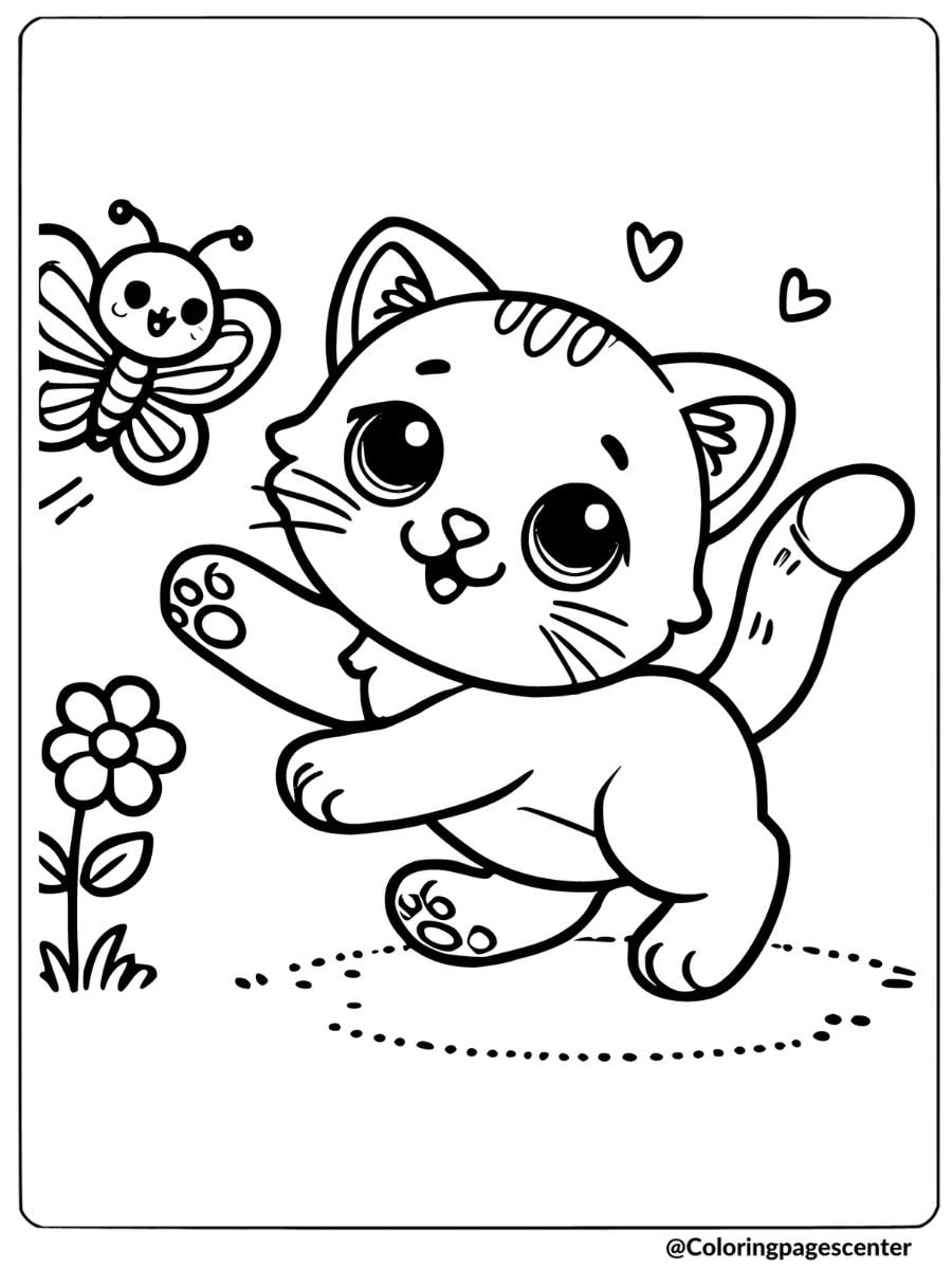 Cute cat chasing a butterfly coloring page