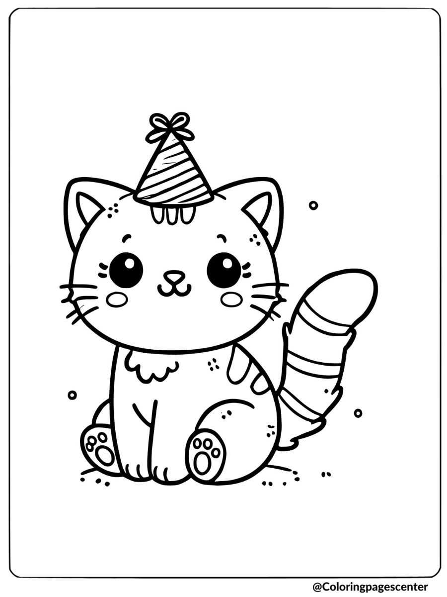 Cute cat in party hat coloring page