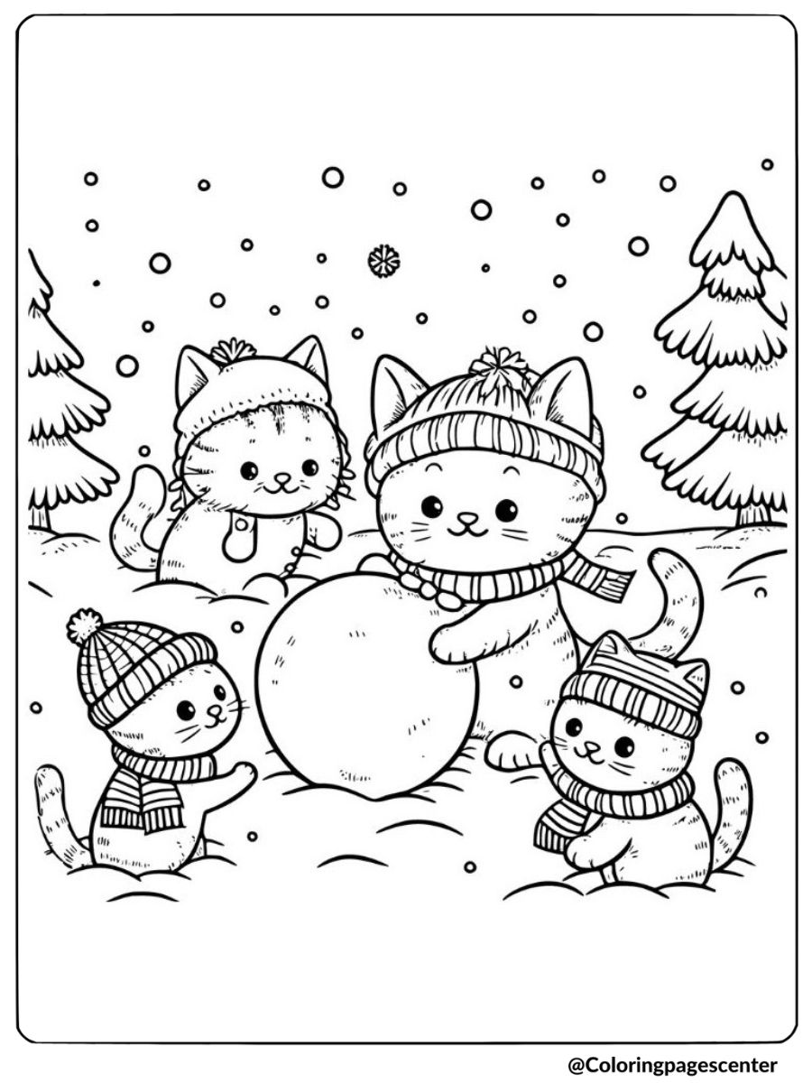 Cat family building a snowman coloring page