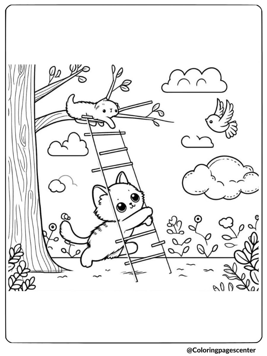 Cat family climbing a ladder coloring page