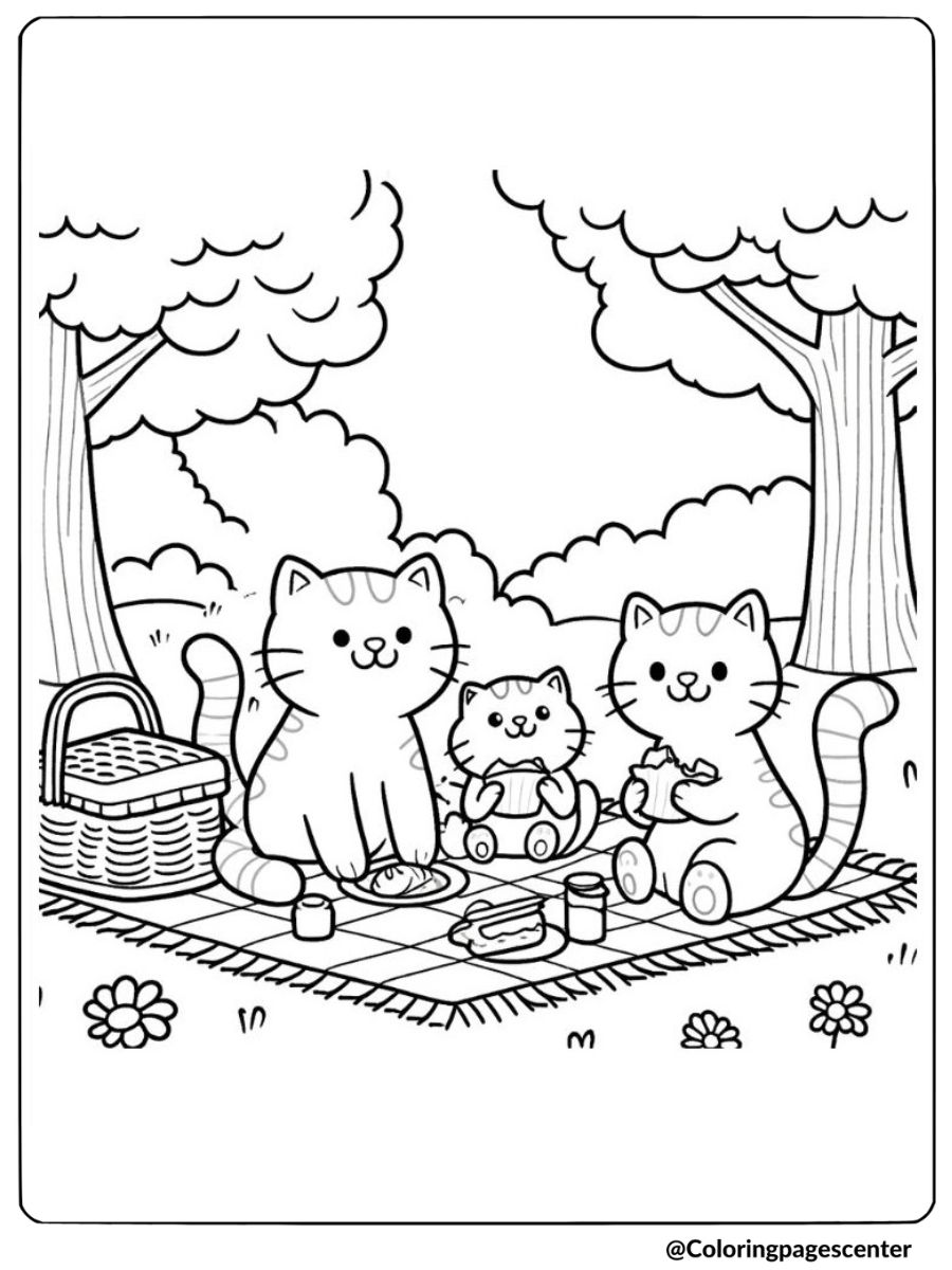 Cat family having a picnic coloring page