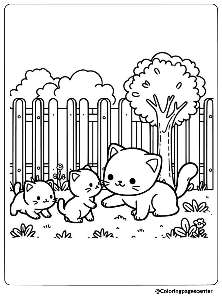 Cat family playing in a garden coloring page