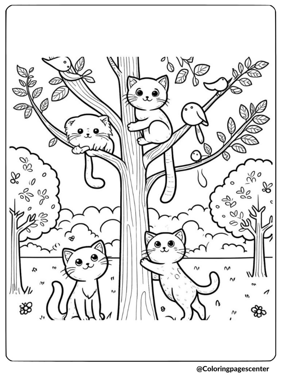 Cat family playing on a tree coloring page