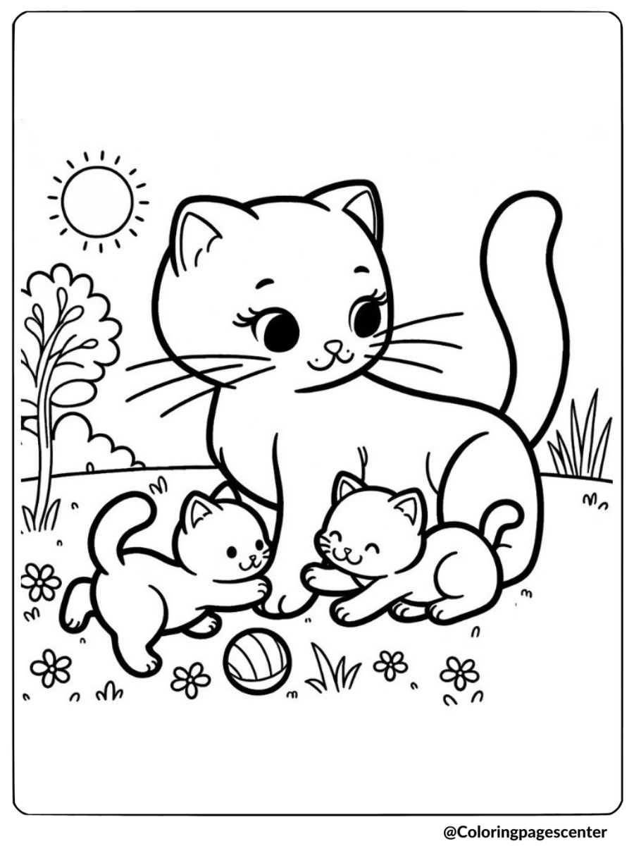 Cat family playing outdoors coloring page