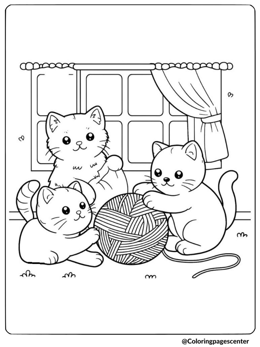 Cat family playing with a ball of yarn coloring page