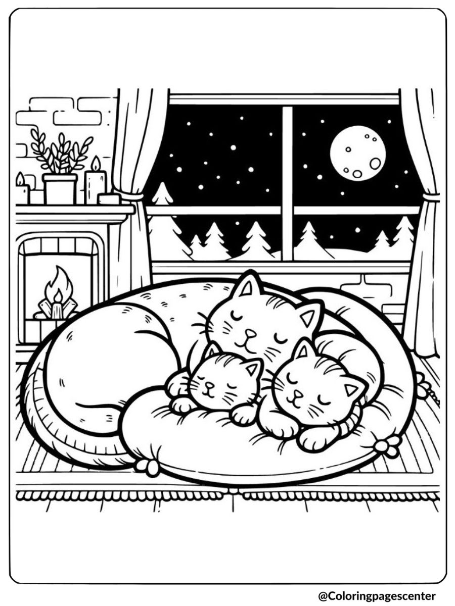 Cat family sleeping by the fireplace coloring page