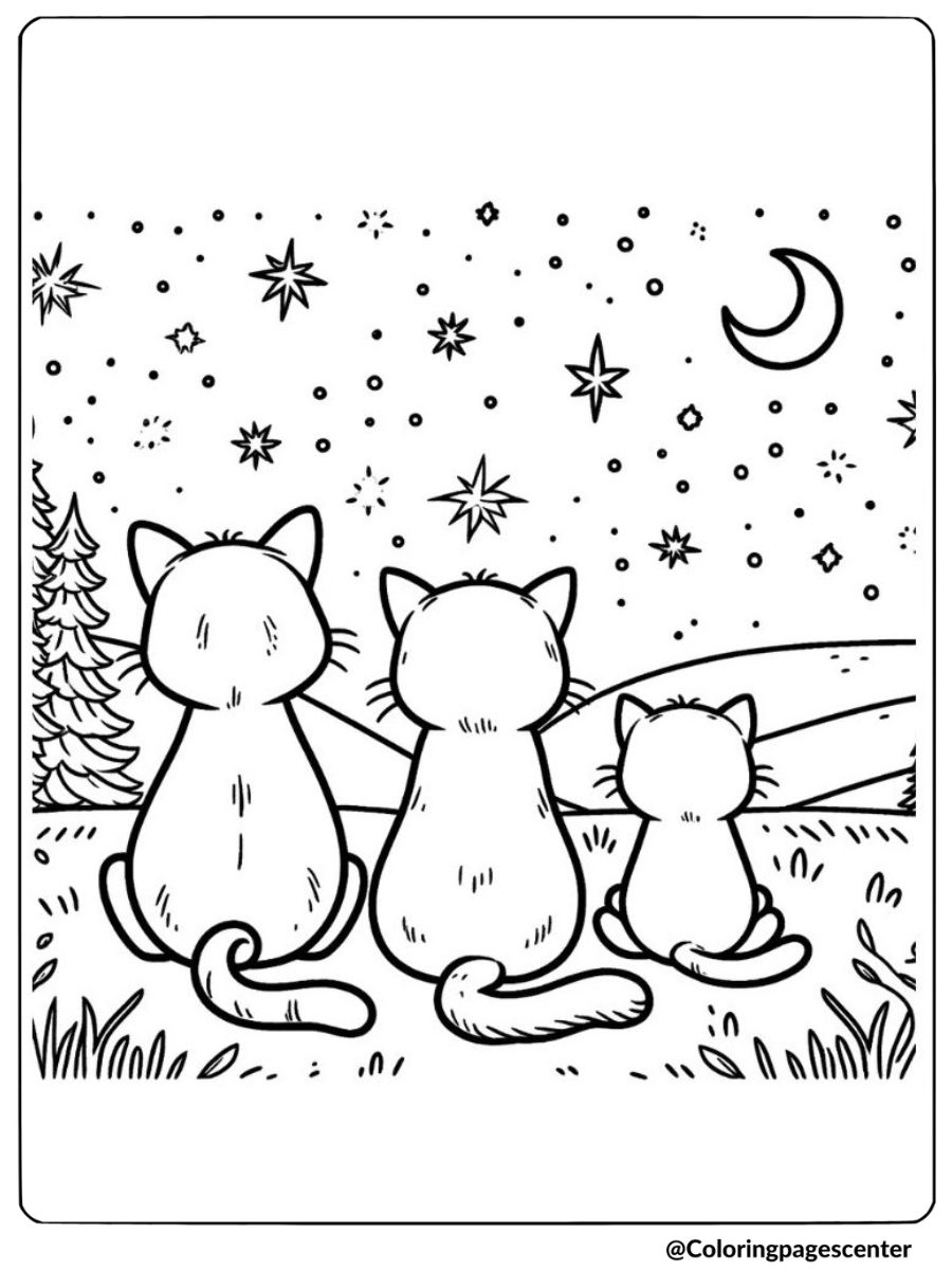 Cat family stargazing together coloring page