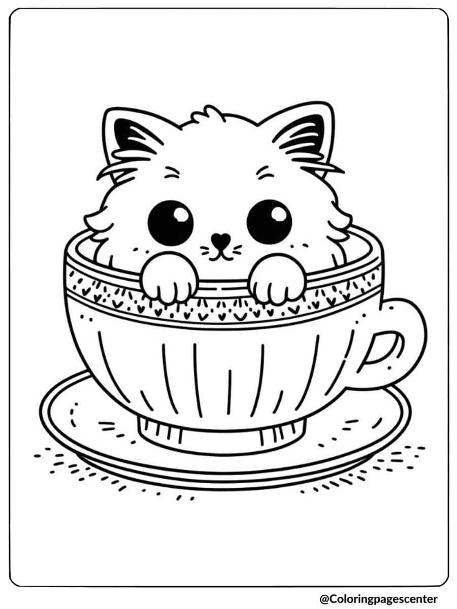 Sweet cat in a cup coloring page