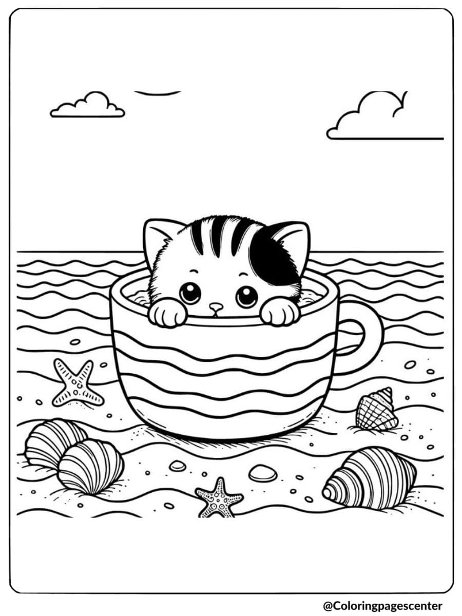 Seaside cat in a cup coloring page