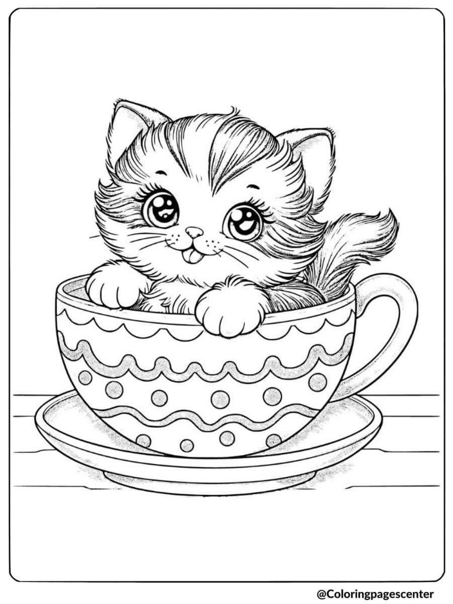 Playful cat in a cup coloring page