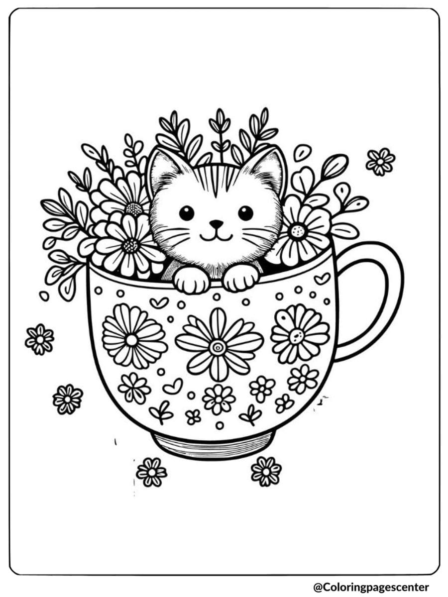 Blossom cat in a cup coloring page