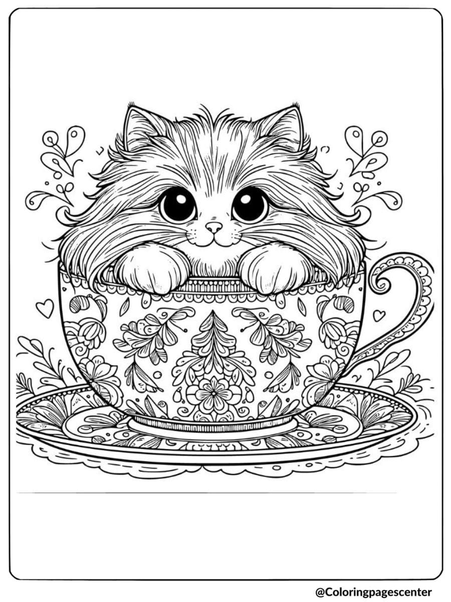 Furry cat in a cup coloring page