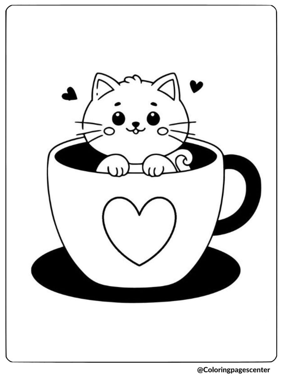 Cheerful cat in a cup coloring page