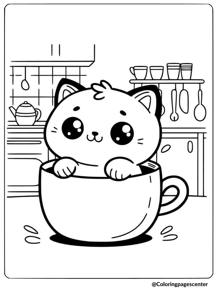 Kitchen scene cat in a cup coloring page