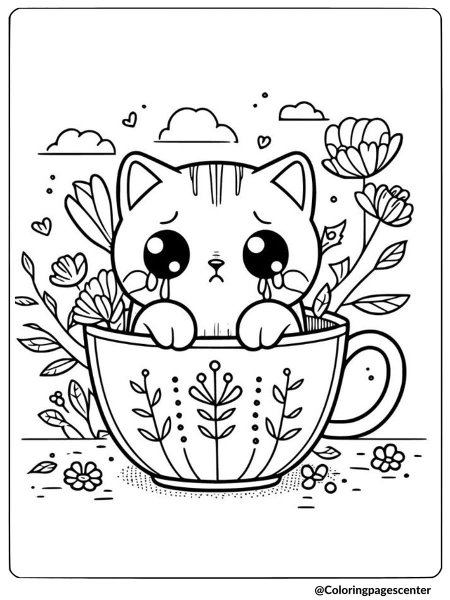 Tearful cat in a cup coloring page