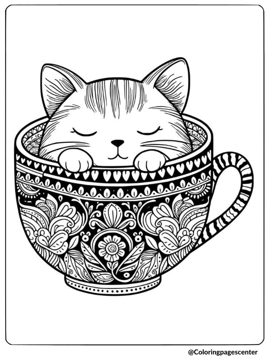 Peaceful cat in a cup coloring page