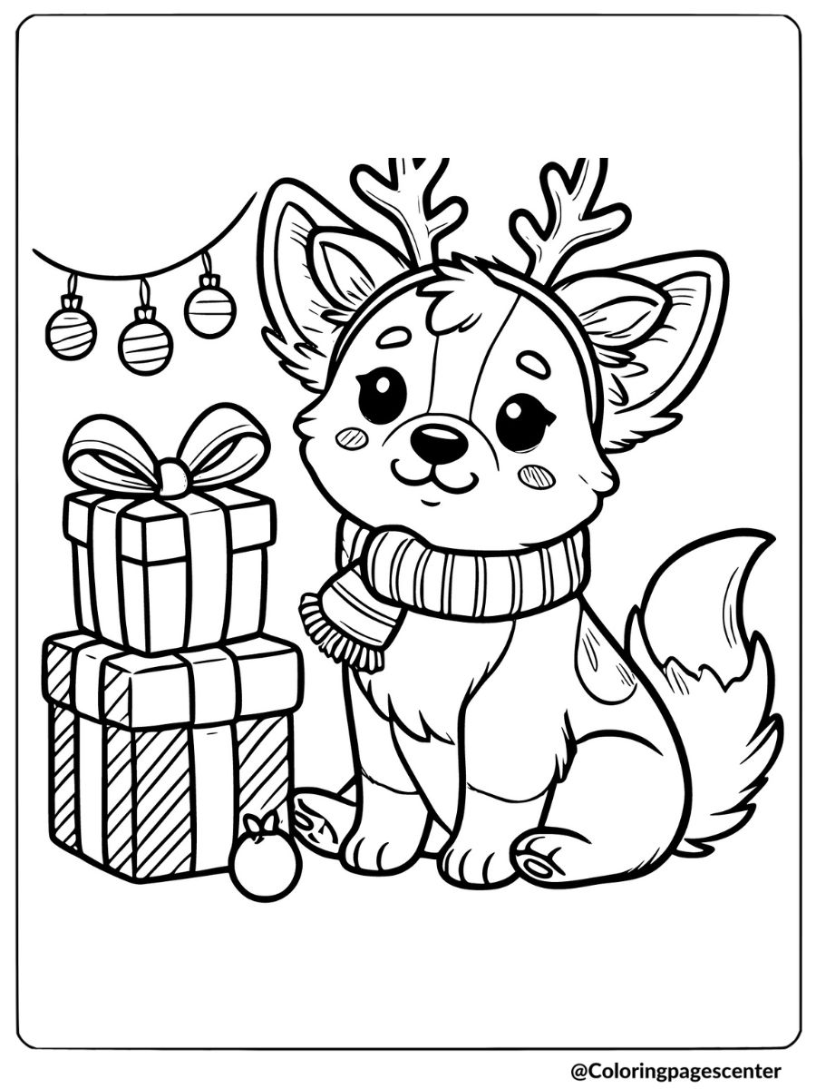 Christmas dog coloring page featuring a cute corgi with antlers sitting by presents