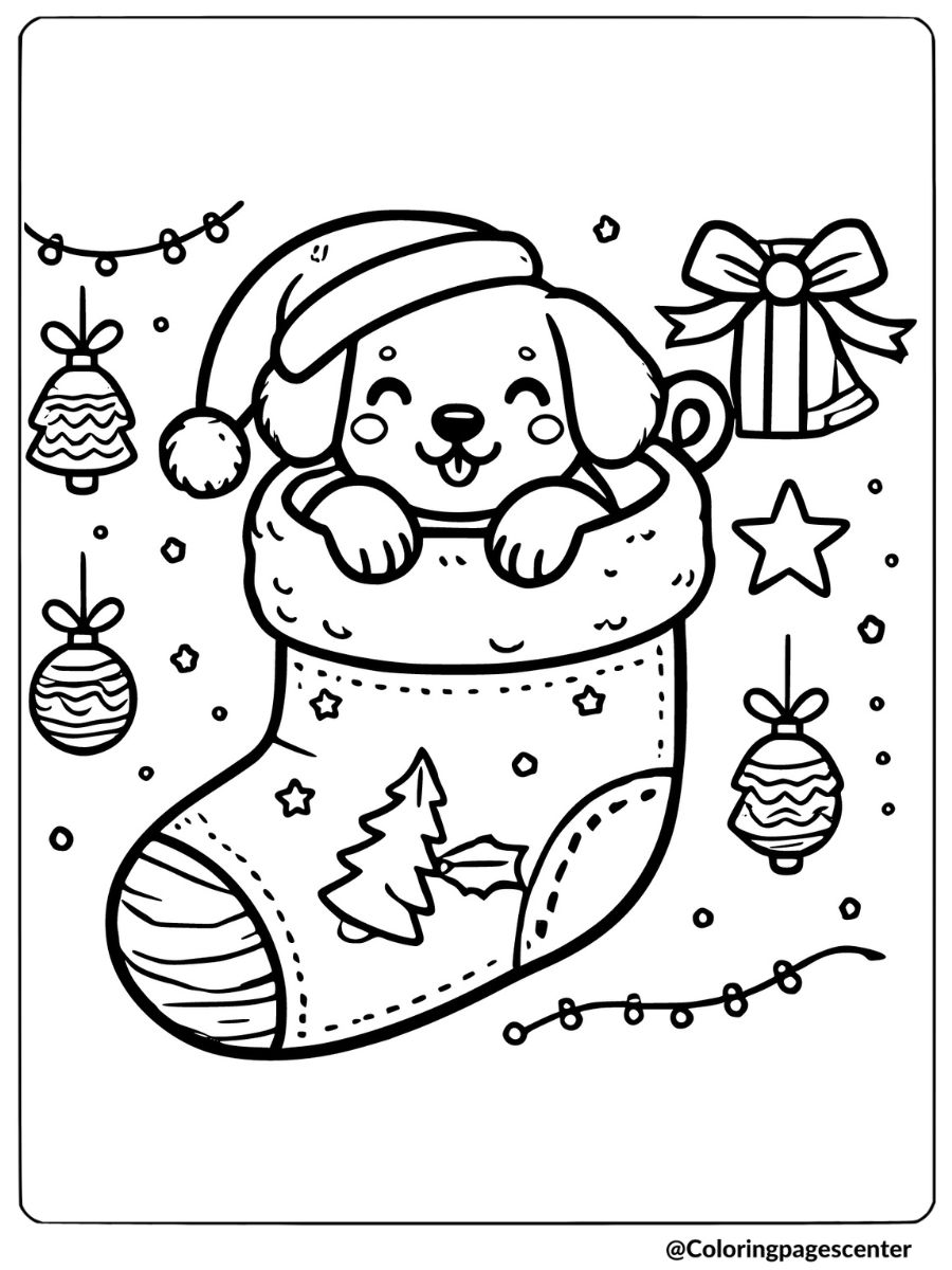 Christmas dog coloring page with a cute dog peeking out of a sock with festive decorations