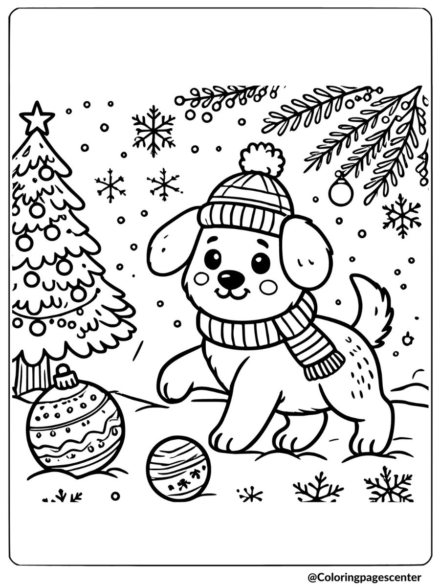 Christmas dog coloring page with a dog playing in the snow next to a Christmas tree