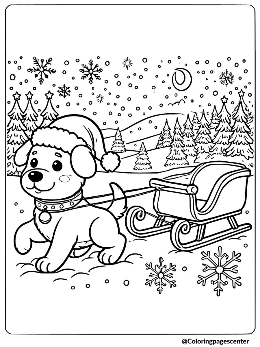 Christmas dog coloring page showing a festive dog in a Santa hat pulling a sleigh in the snow