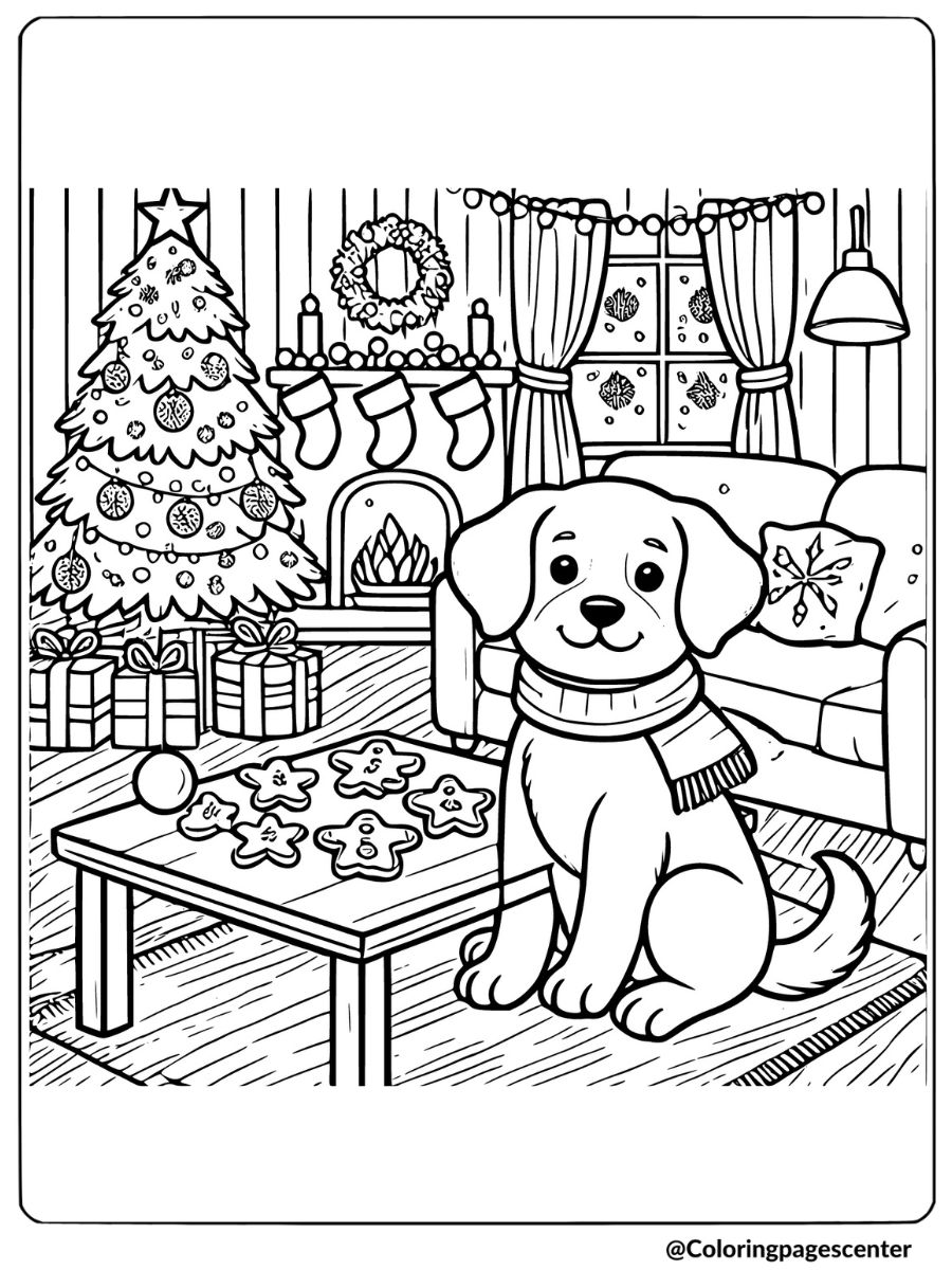 Christmas dog coloring page featuring a cute dog by a table with Christmas cookies near a tree