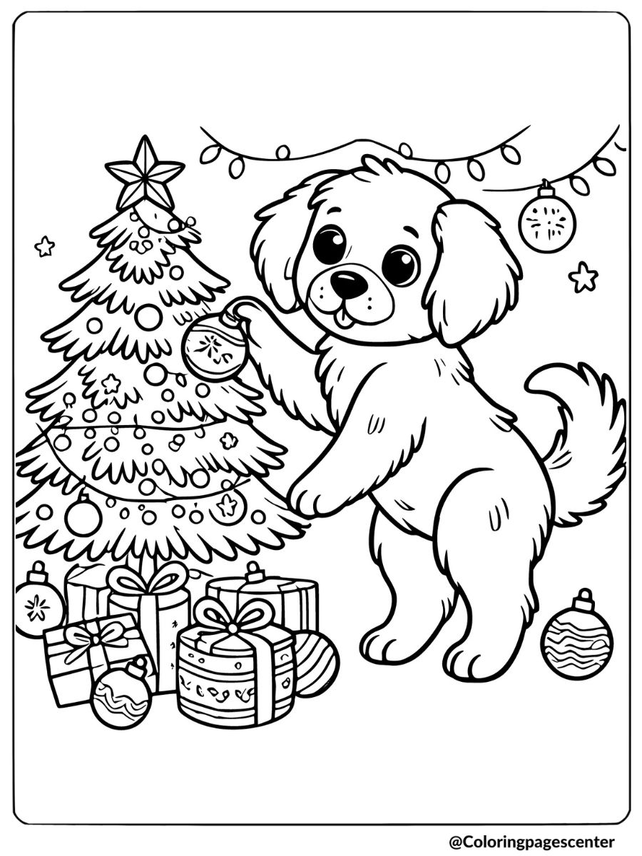 Christmas dog coloring page showing a dog placing an ornament on a Christmas tree