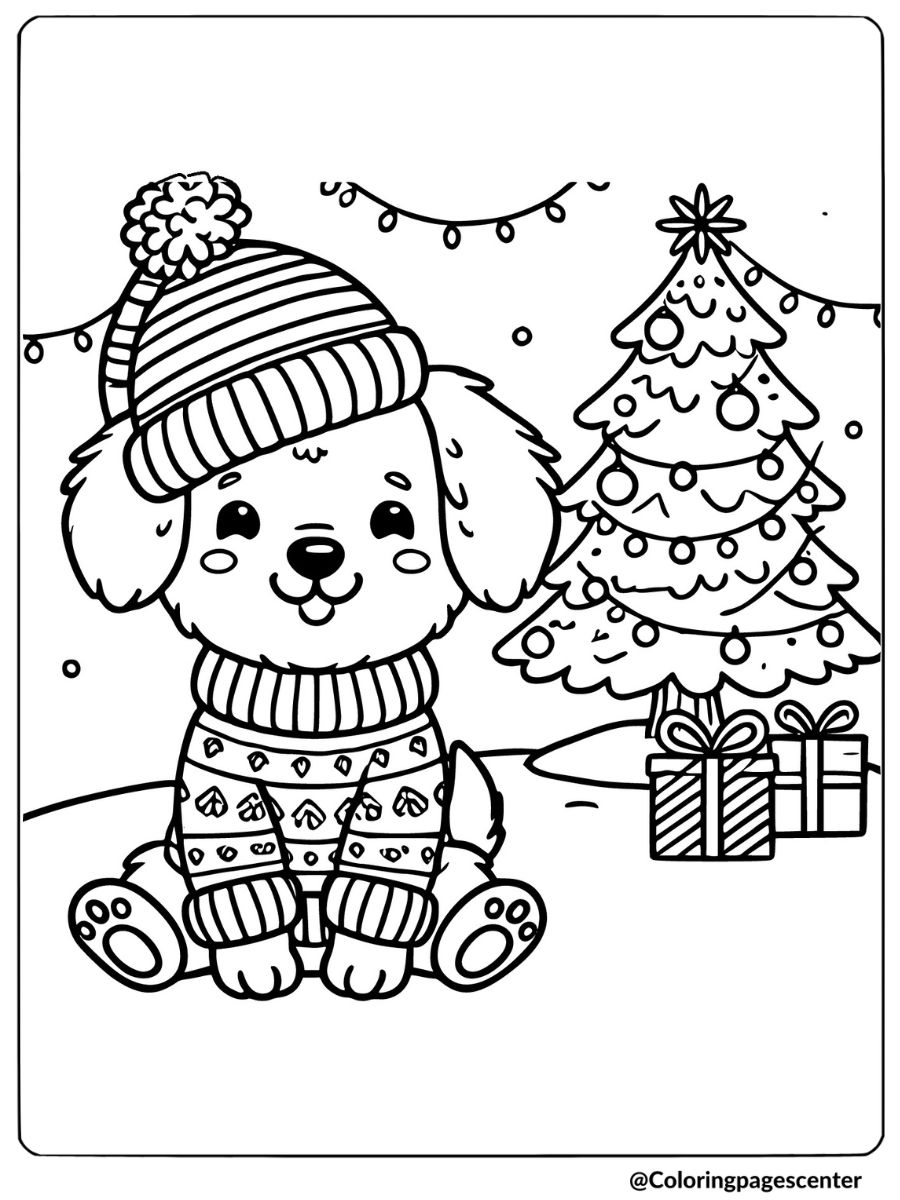 Christmas dog coloring page showing a dog in a winter hat sitting by a Christmas tree