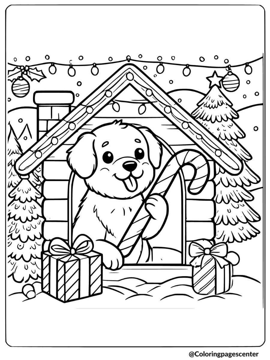 Christmas dog coloring page with a dog holding a candy cane in a doghouse